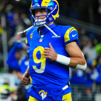 SEATTLE, WA - DECEMBER 18: Matthew Stafford #9 of the Los Angeles Rams runs out of the tunnel prior to an NFL football game against the Seattle Seahawks at Lumen Field on December 18, 2025 in Seattle, Washington. (Photo by Cooper Neill/Getty Images)
